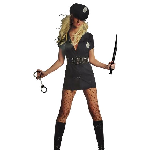 A Other - Sexy Adult Police Officer Costume – Black Dress, Belt, Hat & Handcuffs, L, 12-14